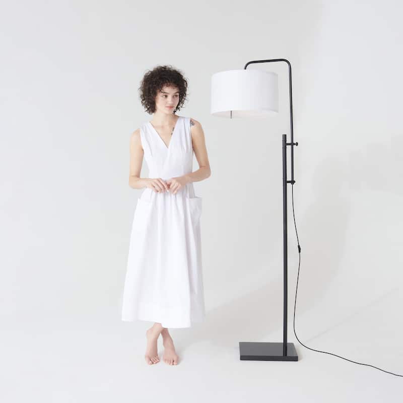 Brightech Leo 72 in. Classic Black Mid-Century Modern Height Adjustable LED Floor Lamp with White Fabric Drum Shade