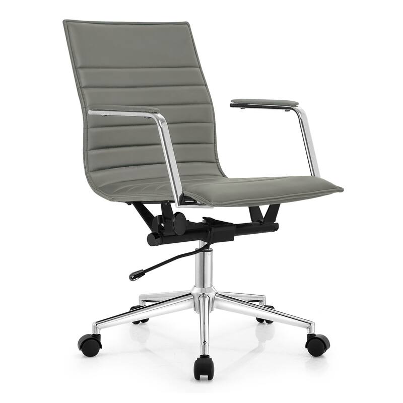 Modern Office Desk Chair | Upholstered PU Leather Ribbed Mid Back with Metal Frame | Adjustable Height, Tilt Lock