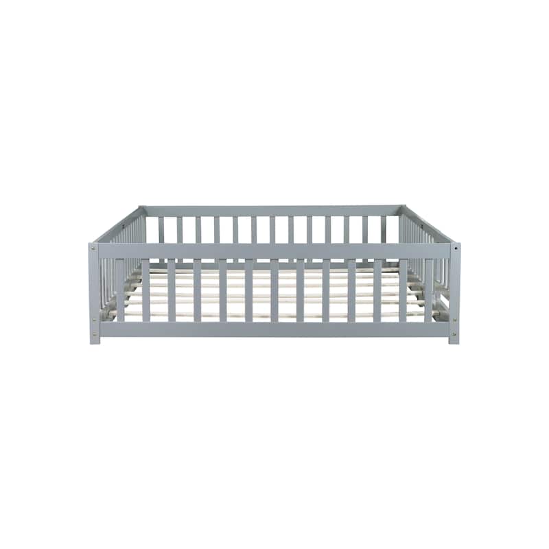 Queen Size Floor Bed with Fence,Door,Rubber Wood Floor Bed with Safety Guardrails