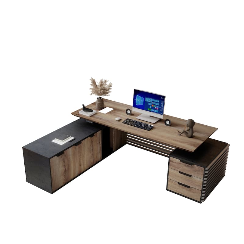 Adjustable Height Executive L Shaped Standing Desk w/ Cable Box Drawers Cabinets - 86.6" - Multi-Left Return