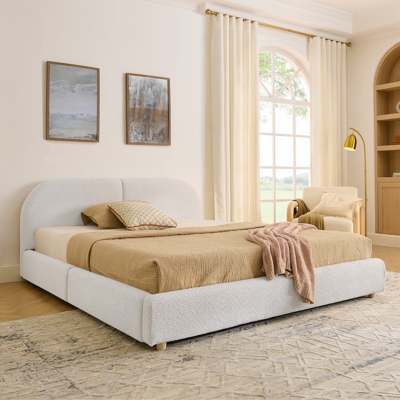 Queen Size Upholstered Bed Frame with Tall Headboard - Beige