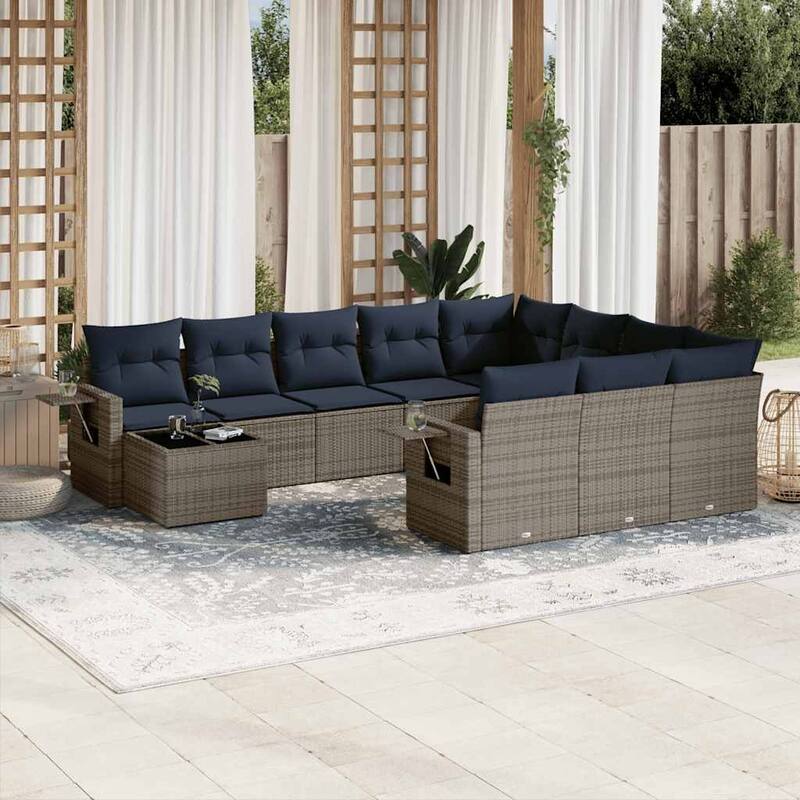 vidaXL 11 Piece Patio Sofa Set with Cushions Grey Poly Rattan - 24.4 x 24.4 x 27.2 - Grey and Blue