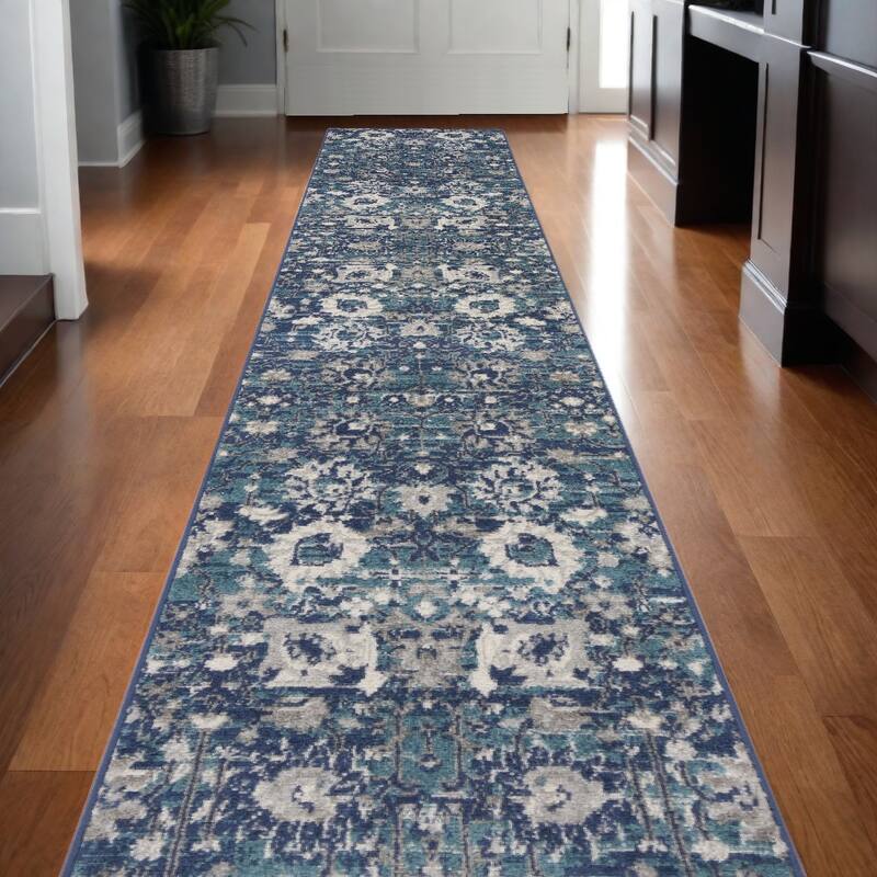 Power Loomed Distressed Floral Traditional Area Rug - 120' X '26' X '0.5 - 120' X '26' X '0.5 - Oxford Blue - Runner