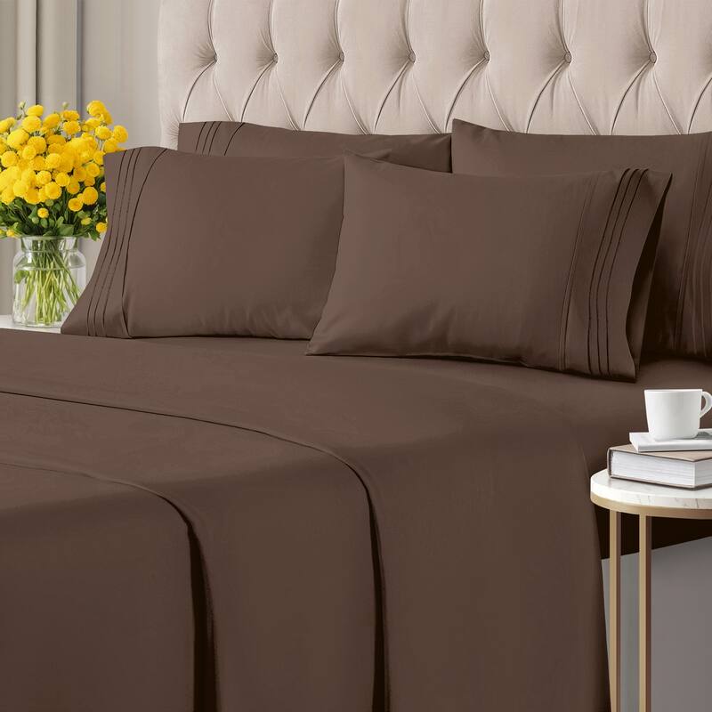 CGK Linens 6 Piece Solid Deep Pockets Microfiber, Easy-Fit Bed Sheet Set - King - Brown