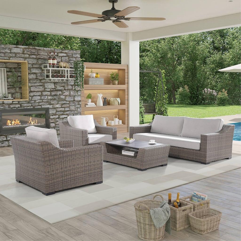 4-Piece Manhattan Rustic Wicker Sofa Set with Tempered Glass