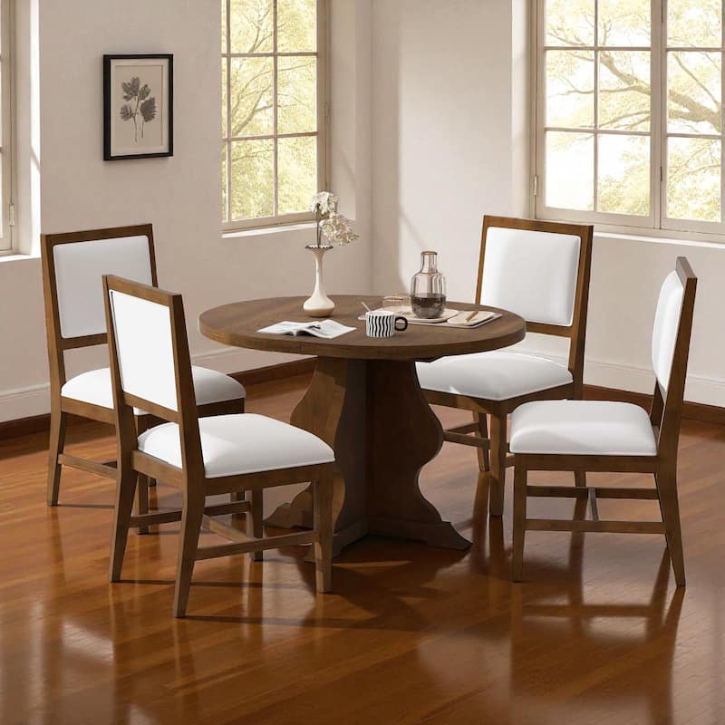 Farmhouse 5-Piece Extendable Dining Table Set, 42.5"-58.2" Wood Table with 15.7" Leaf and 4 Upholstered Chairs