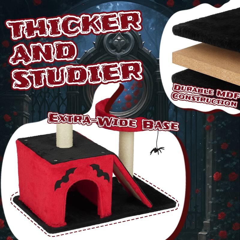 26" Gothic Cat Tree with Condo, Perches, Scratching Posts & Toy