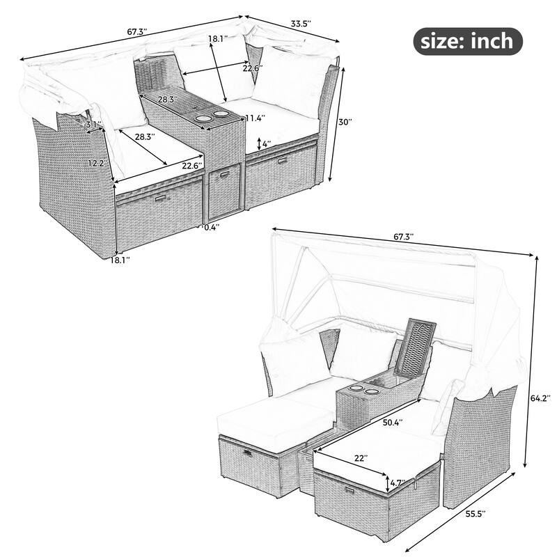 Convertible Outdoor Patio Daybed Loveseat Sofa Set with Retractable Canopy and Central Console