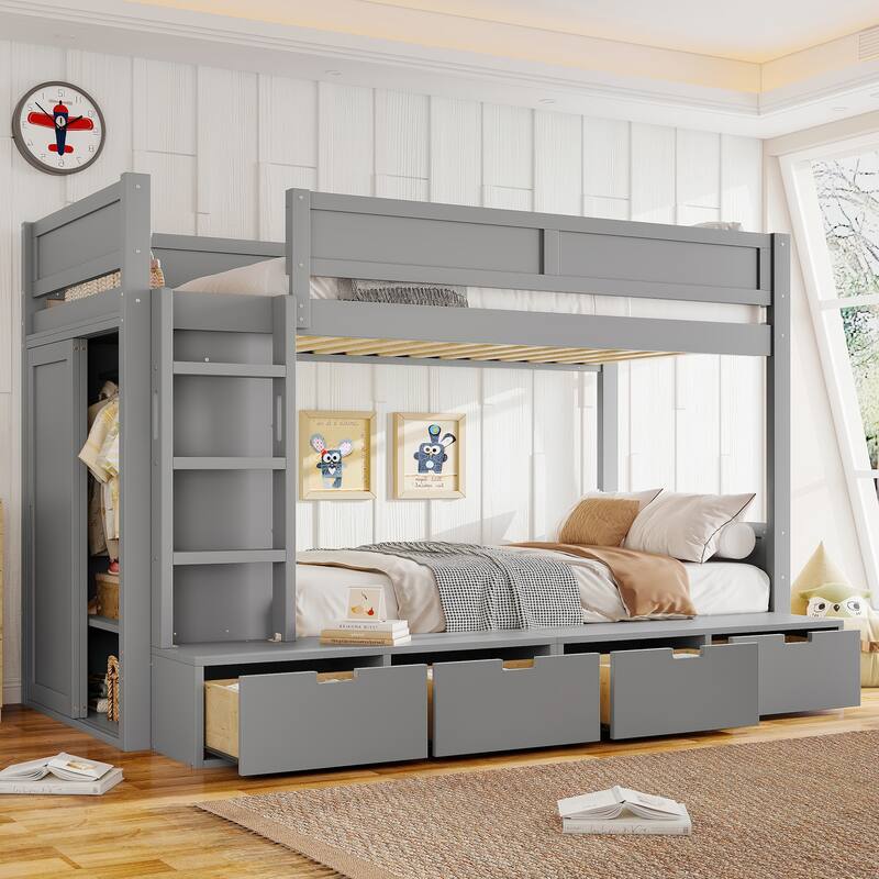 Twin Over Twin/Twin XL Over Full Bunk Bed Solid Wood Storage Bedframe with Built-in Wardrobe, 4 Under Drawers and Guardrails