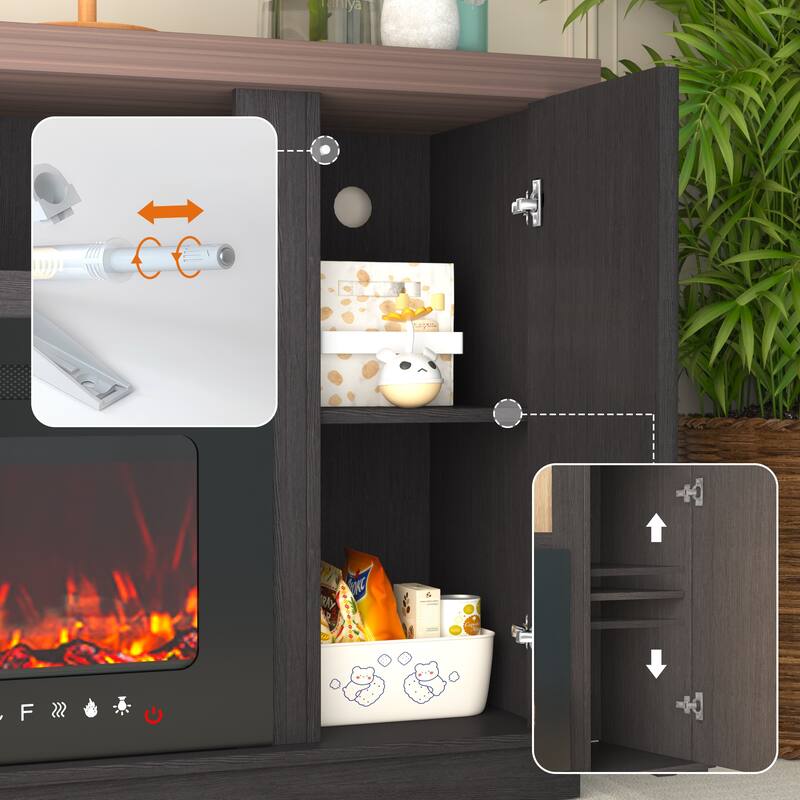 70" TV Stand for TVs up to 85" with Electric Fireplace, Vintage Double Door Cabinet, Dark Walnut, for Living Room & Bedroom