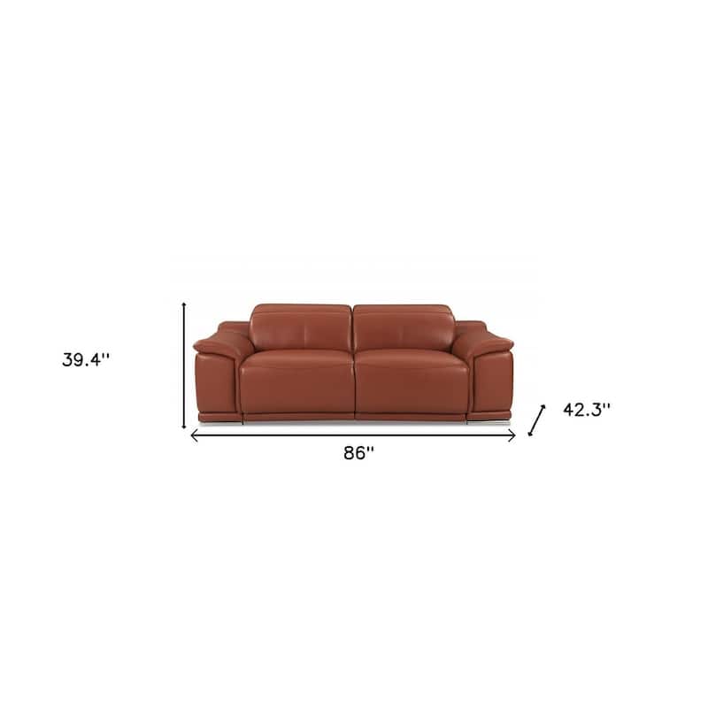 HomeRoots 86" Camel Italian Leather USB Reclining Sofa With Silver Legs