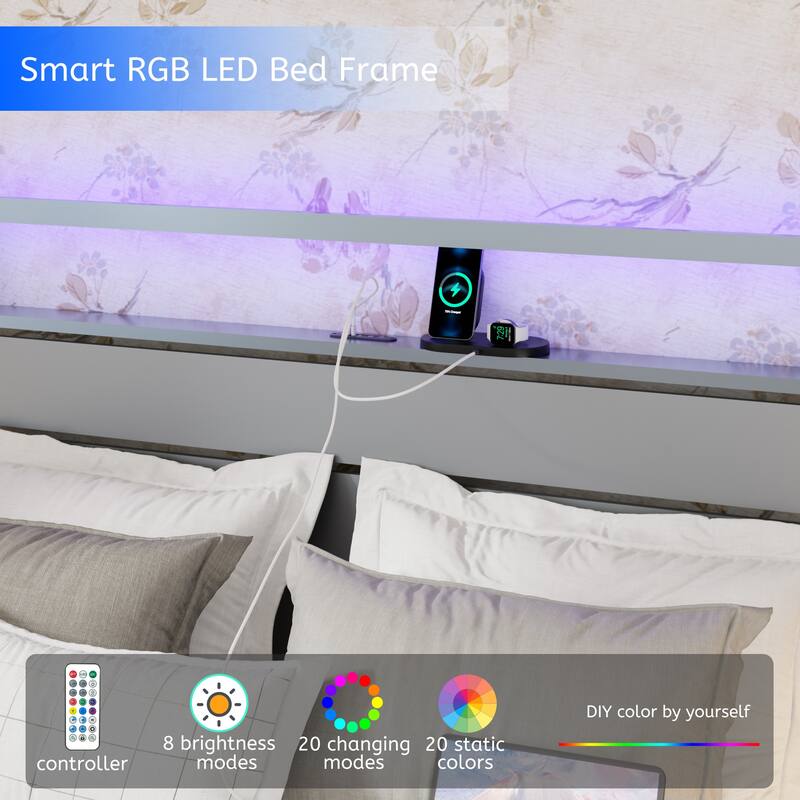 LED Queen Bed Frame Heavy Duty Queen Bed Frame with Headboard and Charging Station