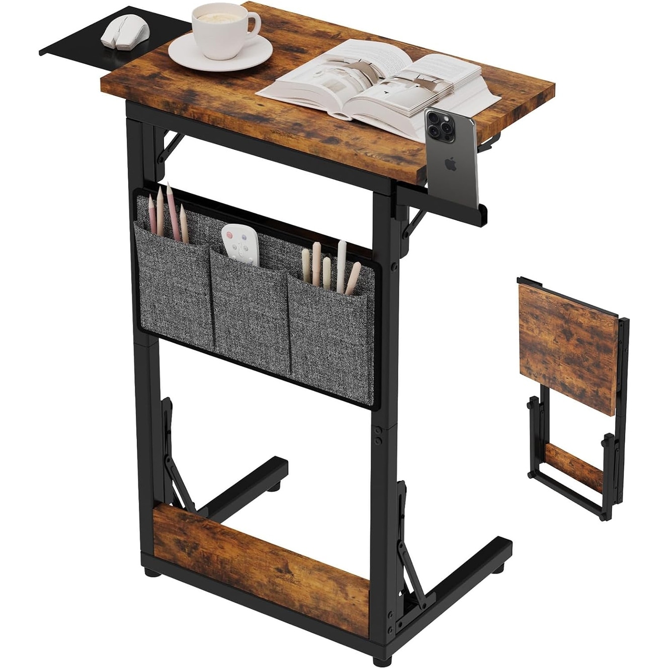 Modern C-Shaped End Table for Sofa, Living Room, or Bedroom, Narrow Profile Design (Folding, Brown)