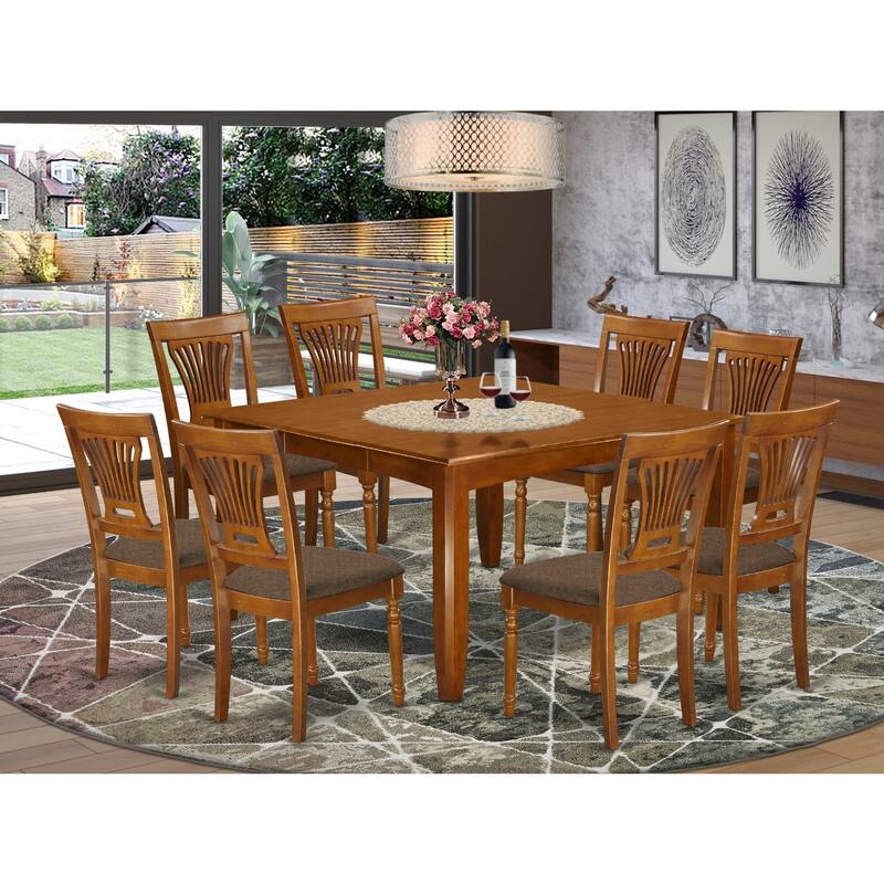 HomeStock 9-Piece Square Saddle Brown Finish Solid Wood Top Dining Table with 8-Chairs with Lattice Back
