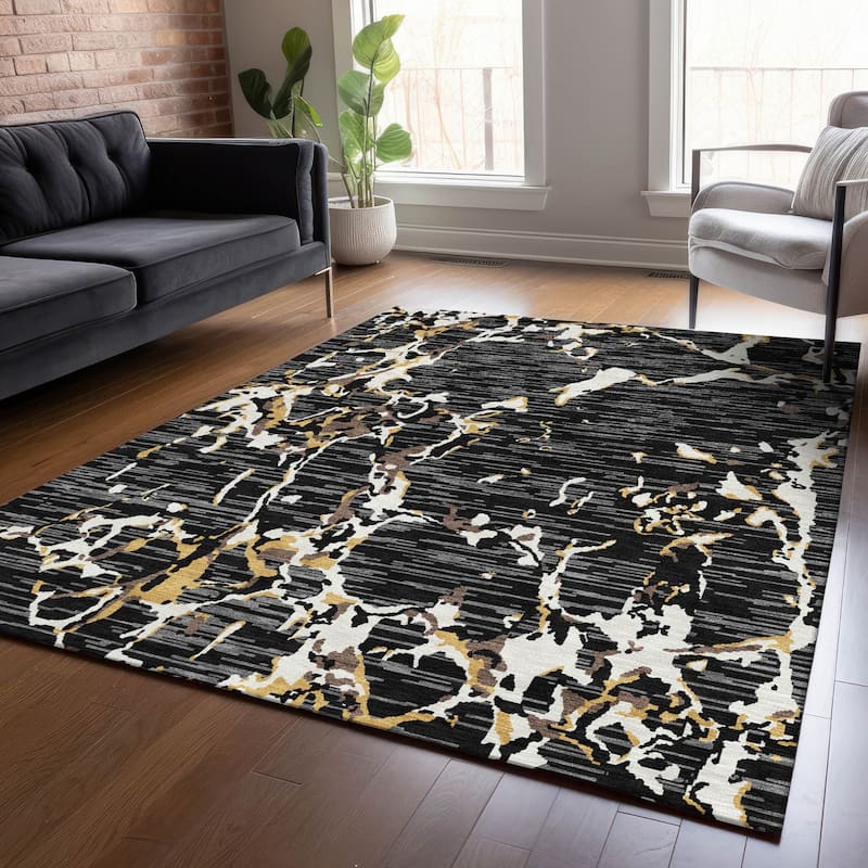 Machine Washable Indoor/ Outdoor Abstract Camo Chantille Rug - Black - 10' x 14'