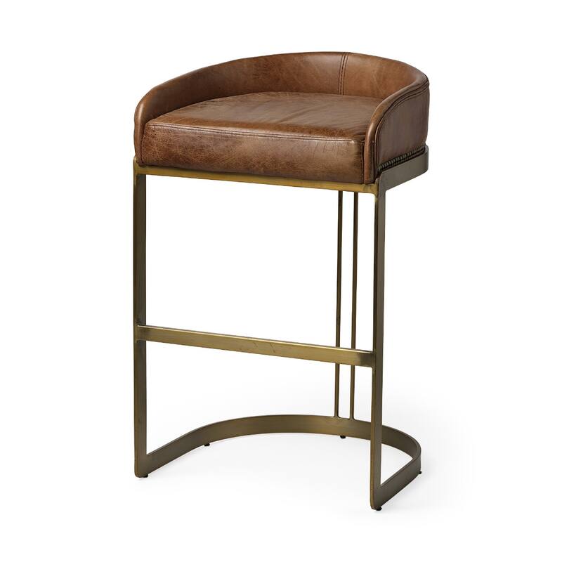 Brown Leather Gold Metal Bar Stool with Footrest, Low Back and 29 inches Seat Height - 20.5” x 19.75” x 32.75” (D x W x H)