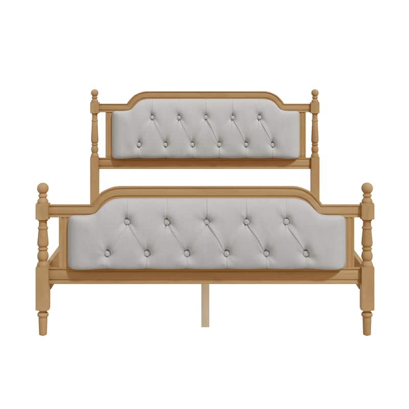 Full Size Solid Wood Bed Frame with Upholstered Tufted Headboard