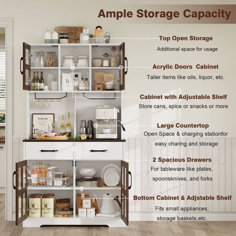 Modern Kitchen Pantry Cabinet with Power Outlet, Microwave Stand, Wine Glass Holder for Dining Room & Home Bar