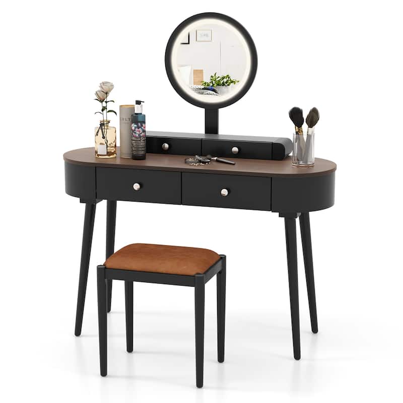 Costway Solid Wood Makeup Vanity Desk Set with LED Lighted Mirror
