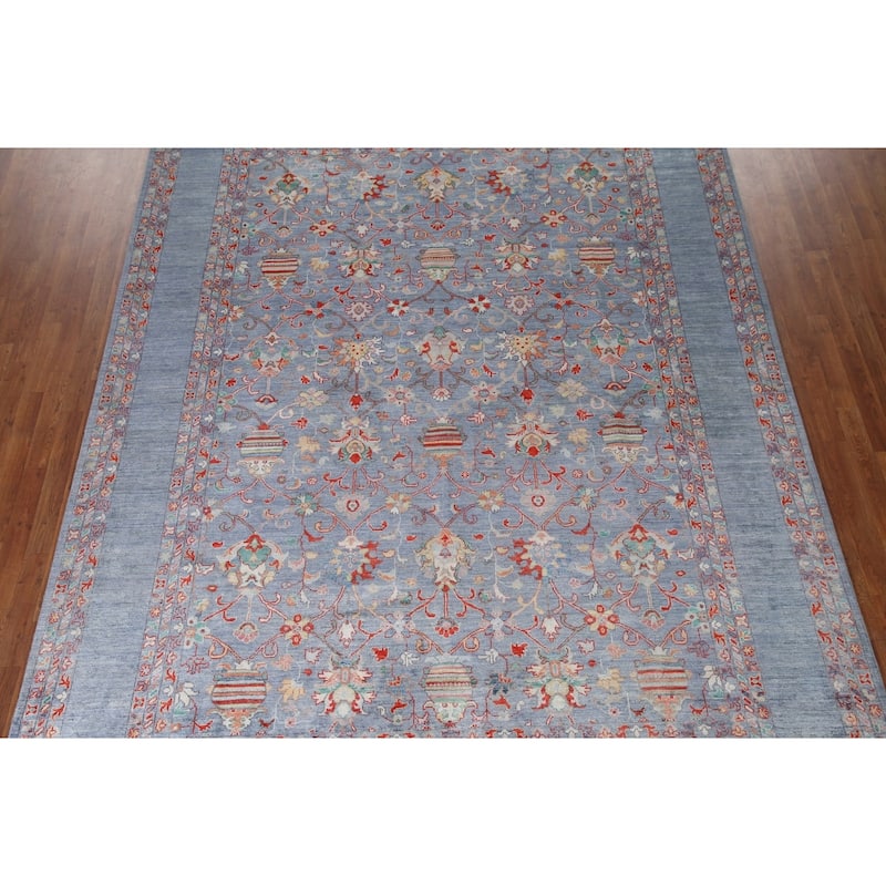 Hand Knotted Oriental 100% Wool Carpet Modern All-Over Navy Blue & Blues Art & Craft Area Rug - 12' 2'' X 8' 9''