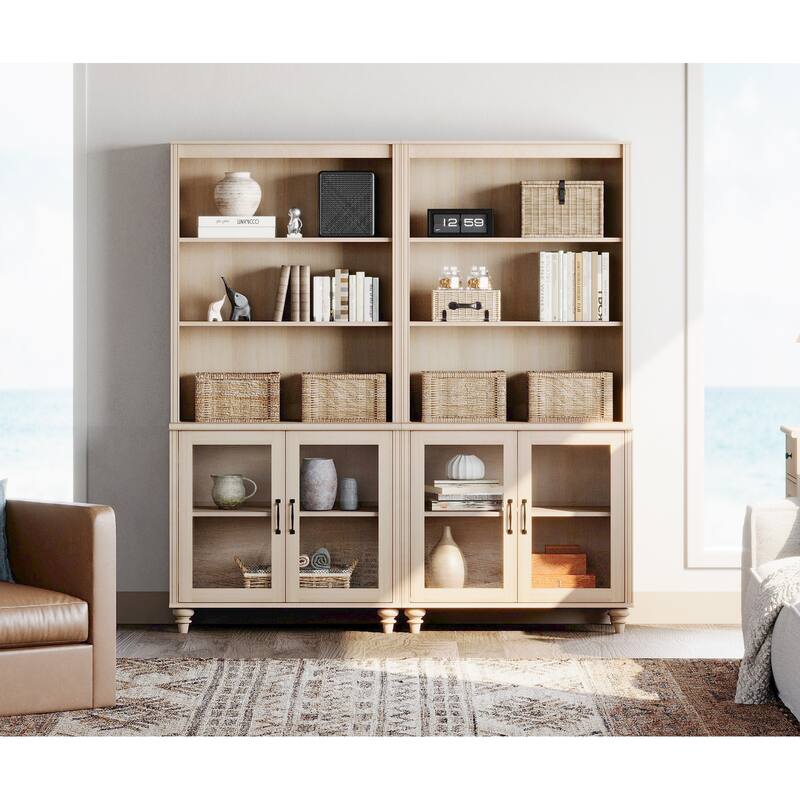 Light Beige Bookcase with Doors, Large Wood Farmhouse Book Case Shelf