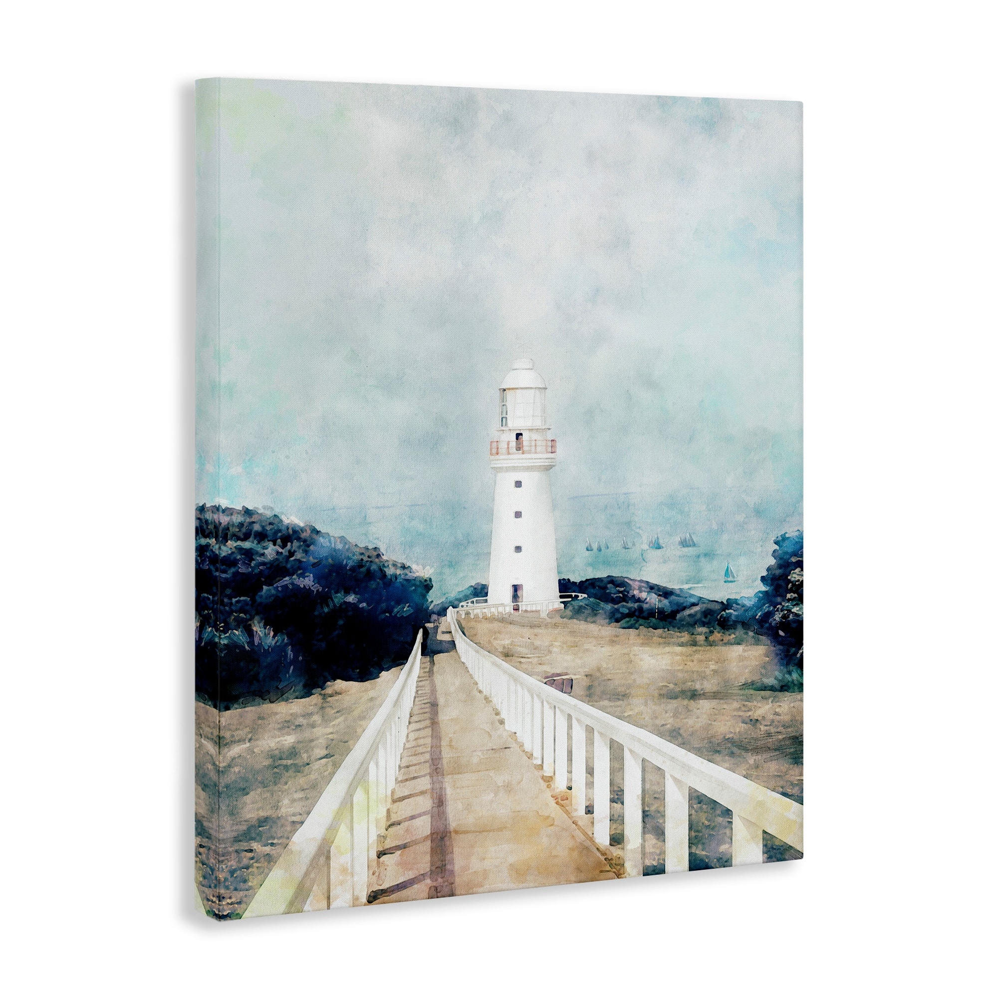 Stupell White Lighthouse Boardwalk Rocky Cliff Coastal-image