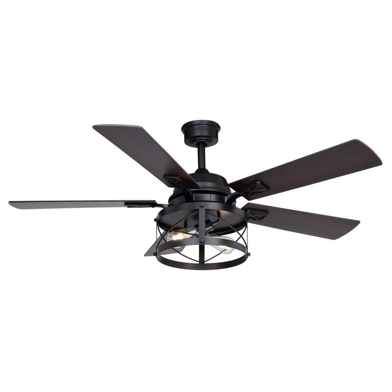 Elburn Black Farmhouse Ceiling Fan with Caged Drum LED Light Kit and Remote - 52-in W x 18.75-in H x 52-in D
