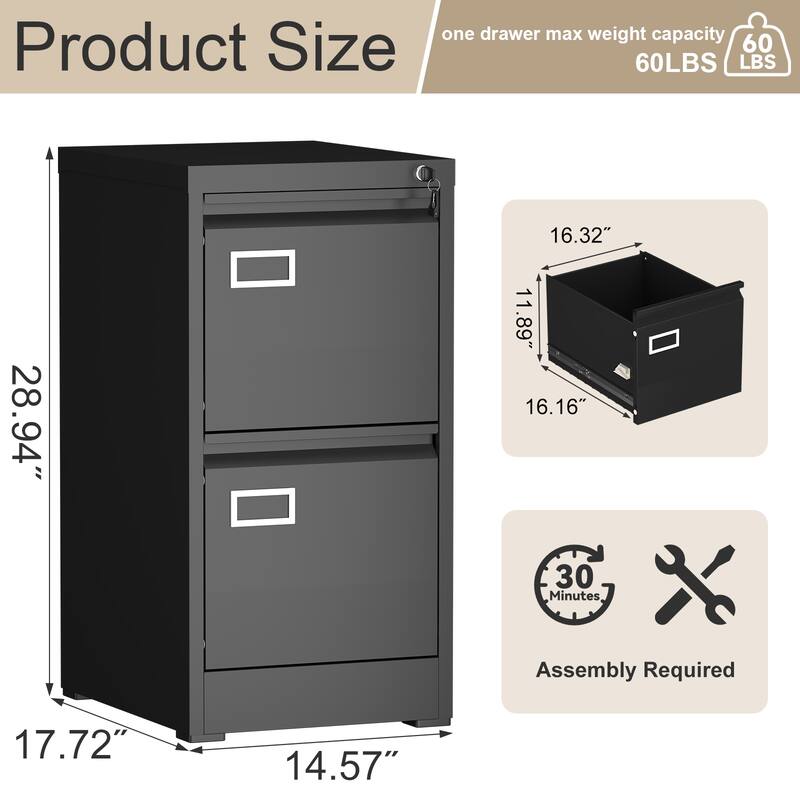 Modern 2-Drawer Filing Cabinet, Vertical File Cabinet with Lock and Silent Slide Rail Adjustable Rod, for Home Office