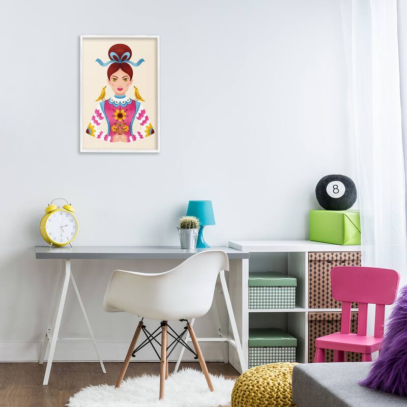 Stupell Brunette Girl with Birds Framed Giclee Art Design By Hannah Moren