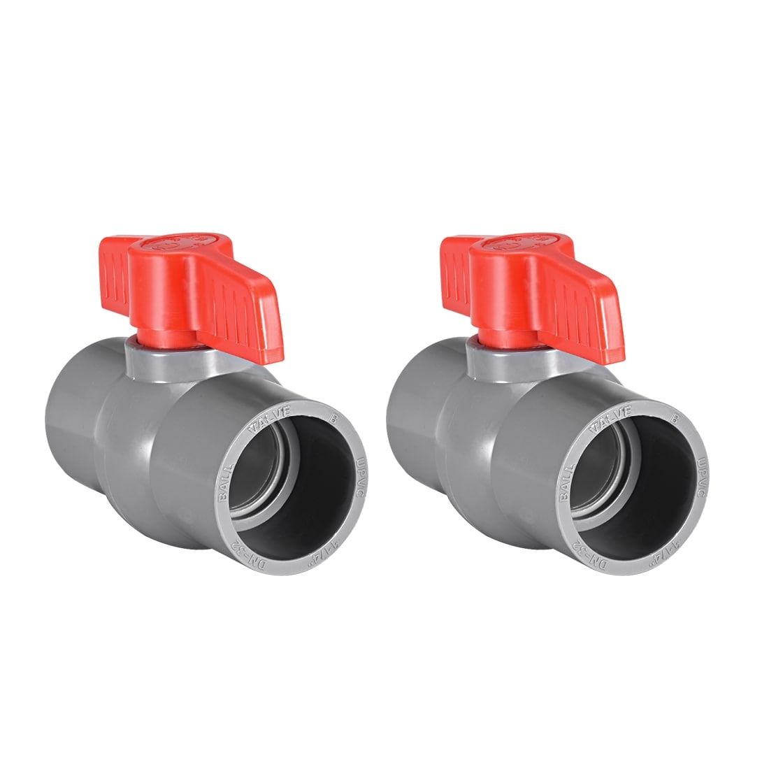 25mm x 25mm Red Handle Double Ports White PVC Pipe Connect Ball Valve