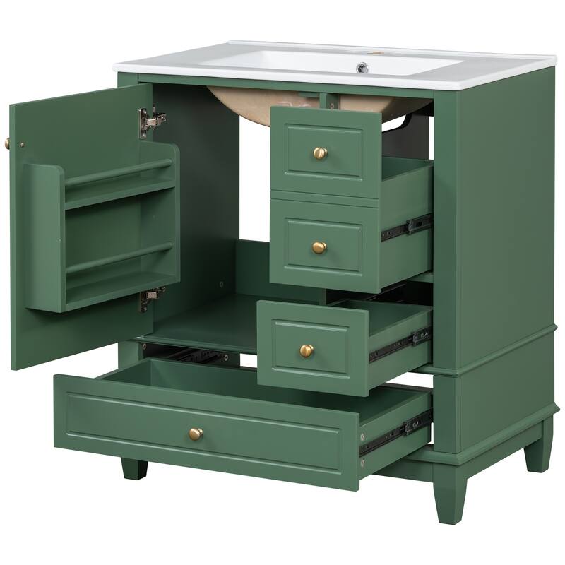 Green 30-Inch Freestanding Vanity with Ceramic Sink, 3 Drawers, Door Shelf, and Gold Knobs