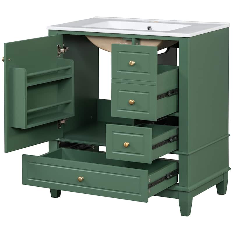 Roomfitters Bathroom Vanity with Sink, Single Door with Shelf and Three Drawers, Soft Close Door Design