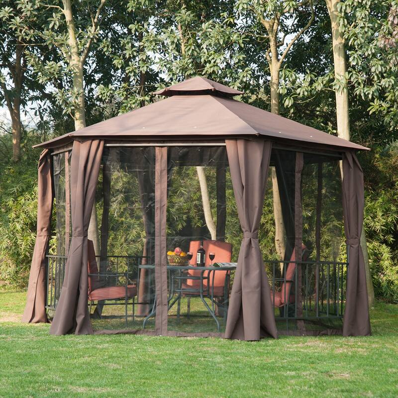 Outsunny 7' x 7' 2-Level Hexagon Outdoor Patio Gazebo Canopy Pavilion with Removable Mesh Curtains, Double Tiered Roof - Coffee