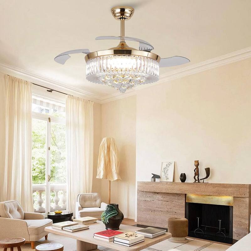 Kviflon 48'' Retractable Ceiling Fan with Lights and Remote 6 Speed, 3 Light Change Retractable Blade Chandelier Ceiling Fan