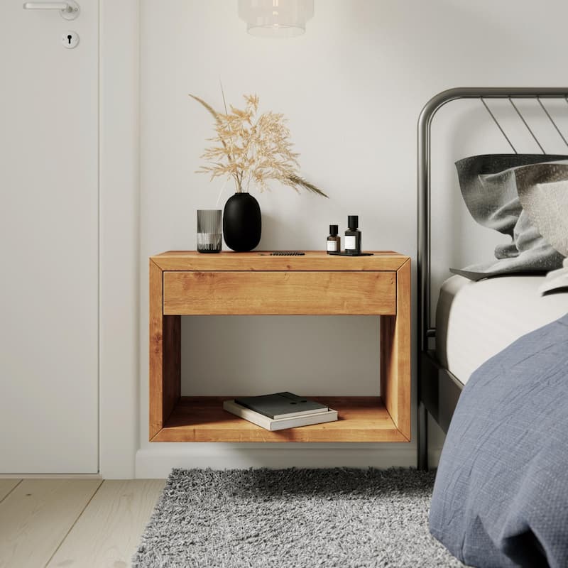 Nightstand set of 2 Floating Solid Oak Nightstand with a Drawer