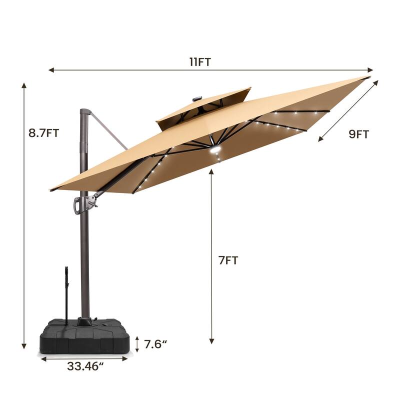 9 X 11 FT Outdoor Patio Cantilever Umbrella with Solar Lights Rod Wheel Base Double Canopy 360 Rotation Tilt