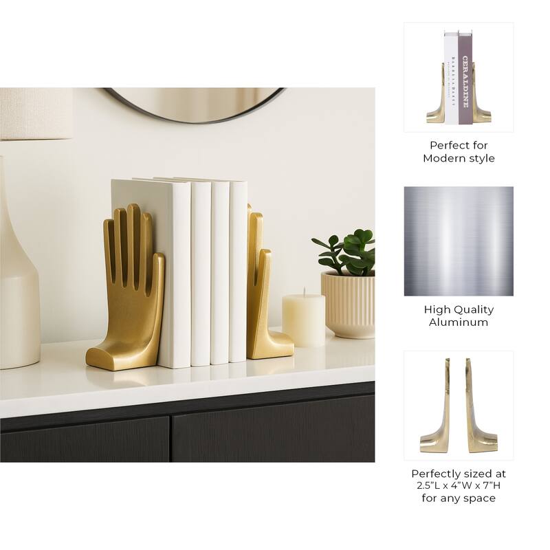 Decorative Metal Hand Bookends for Bookshelf Decor - 7", Gold - 7.0"