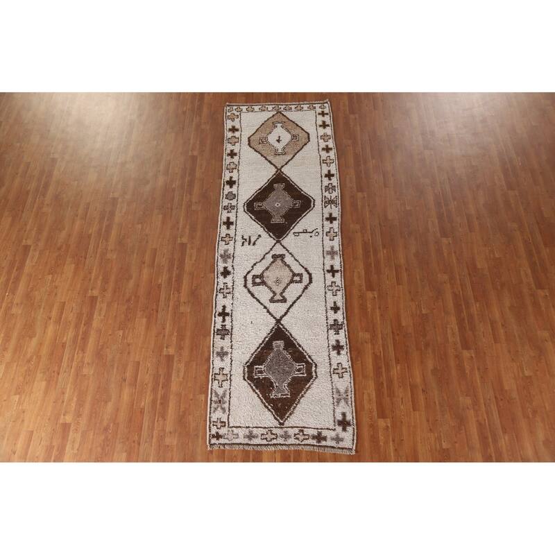 Natural Dye Beige Anatolian Turkish Runner Rug Handmade Wool Carpet - 3'6"x 10'11"