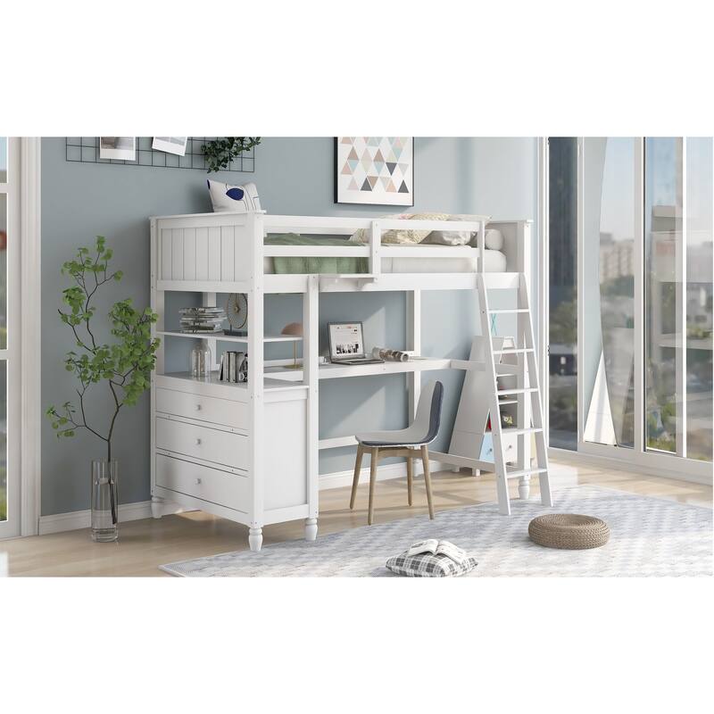 White Twin Loft Bed with Desk, Drawers & Shelves - Space Saving Study & Sleep Solution