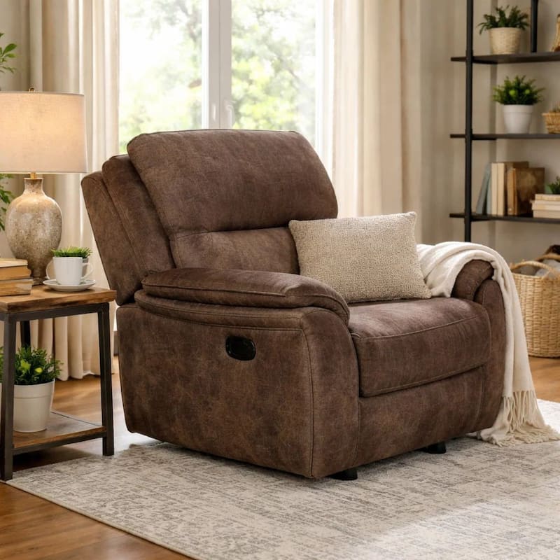 Heny Manual Glider Recliner Chair, Plush Dark Brown Pillow Top Arms