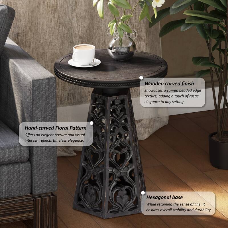 COZAYH Rustic Farmhouse Wooden End Table, Distressed Round Accent Table with Intricate Carved Floral Patterns, Boho