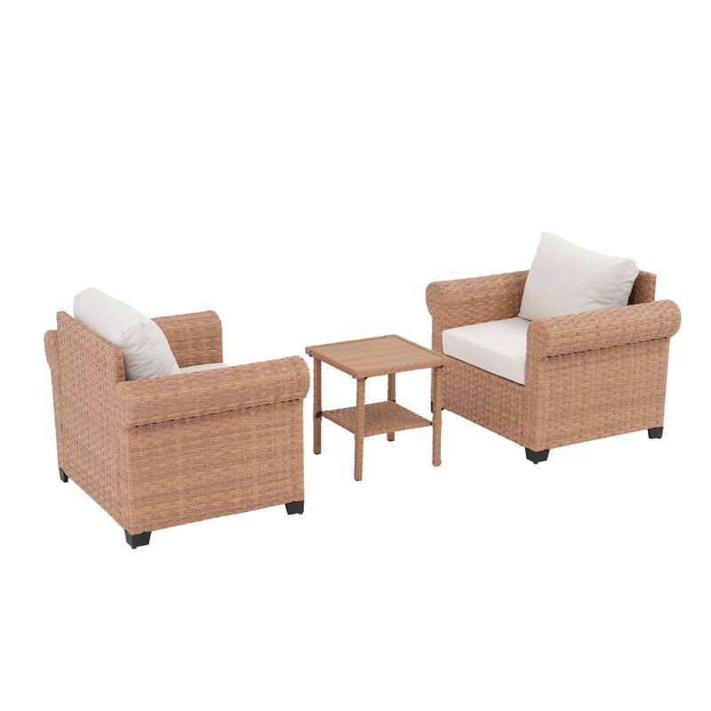 Outdoor Wicker Patio Conversation Set with 2 Armchairs & Side Table
