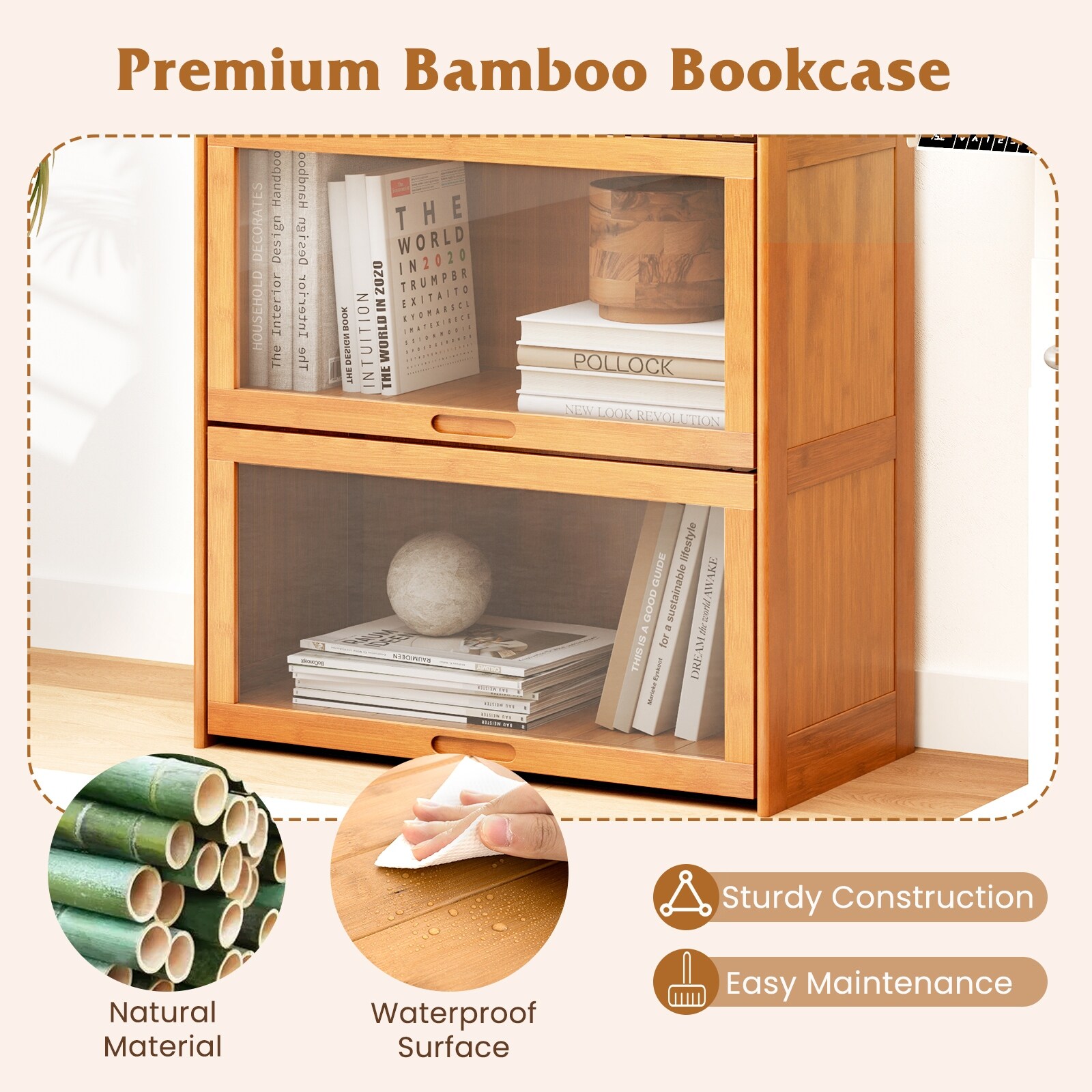 Gymax 4-Tier Bamboo Bookshelf w/Doors See-through Acrylic Doors