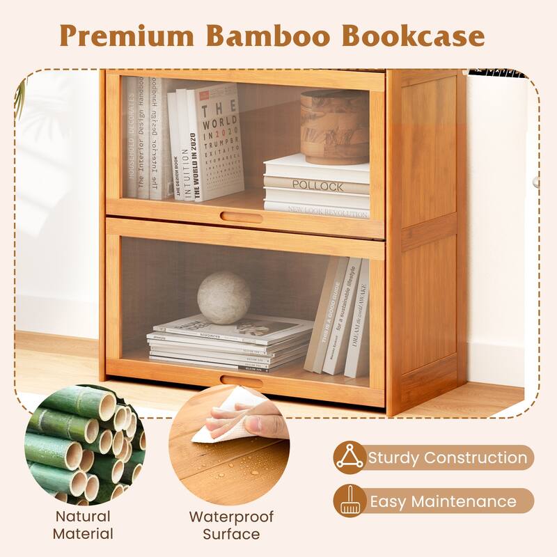 Gymax 4-Tier Bamboo Bookshelf w/Doors See-through Acrylic Doors
