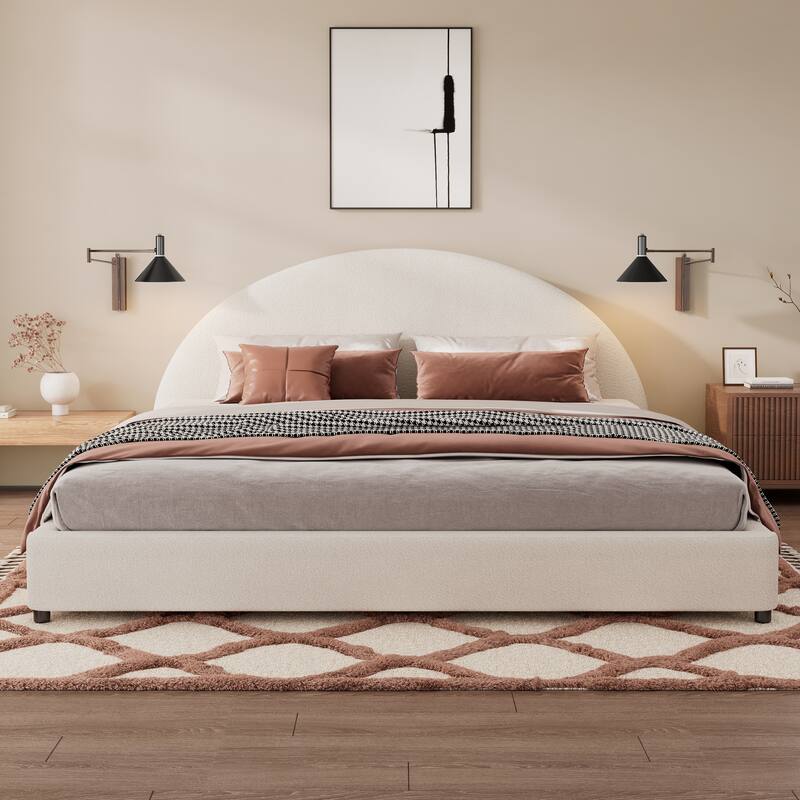 King/Queen/Twin Size Bed Frame with Boucle Upholstered Round Headboard