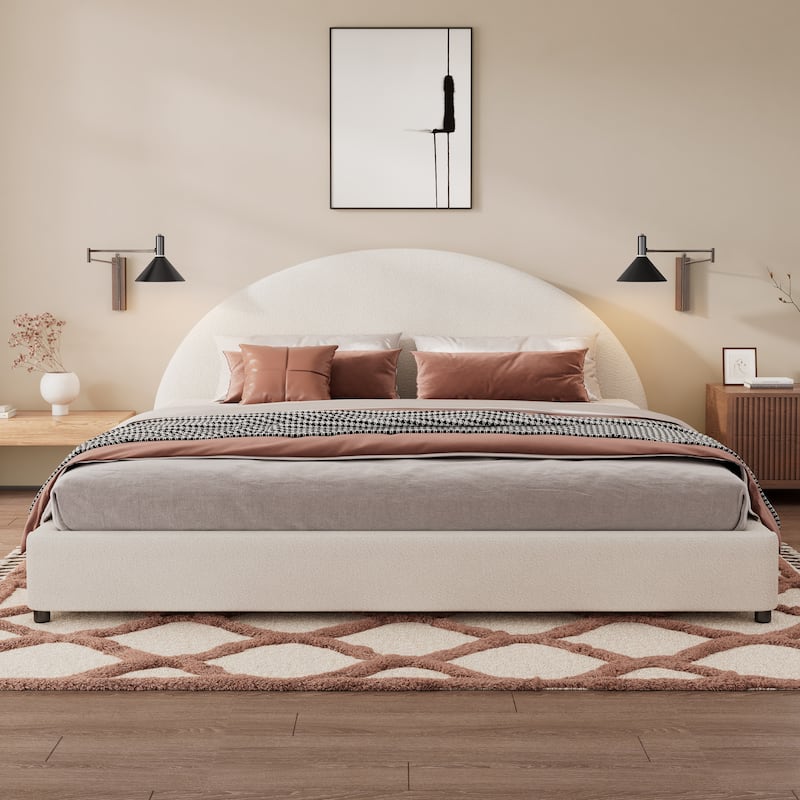 Upholstered Bed with Round Curved Headboard Wingback Bed, White Boucle Platform Bed Frame