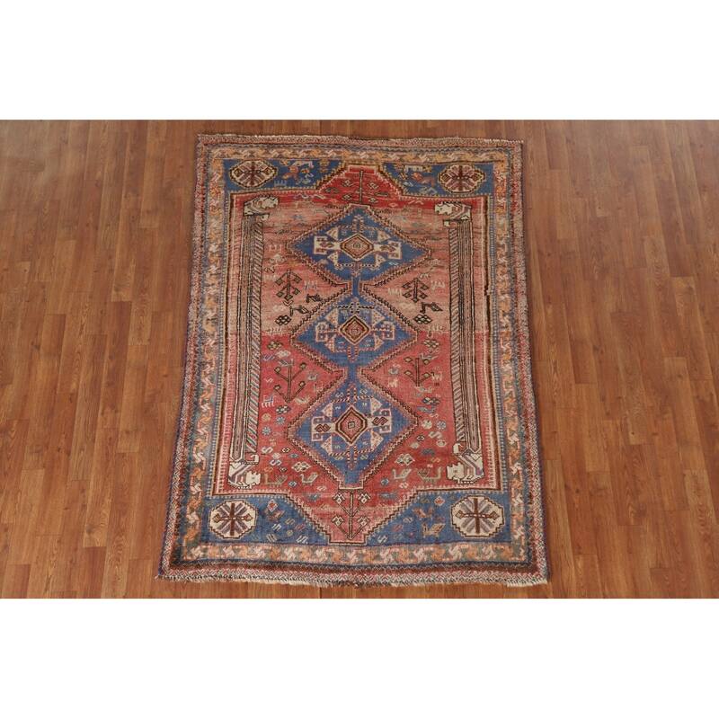 Vegetable Dye Pink Shiraz Persian Antique Rug Hand-knotted Wool Carpet - 4'5"x 6'4"
