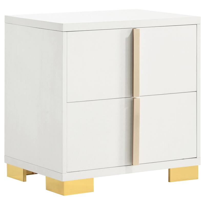 Art Deco Inspired 2-Drawer Nightstand with Gold Metal Accents - Elegant Storage Solution for Bedrooms