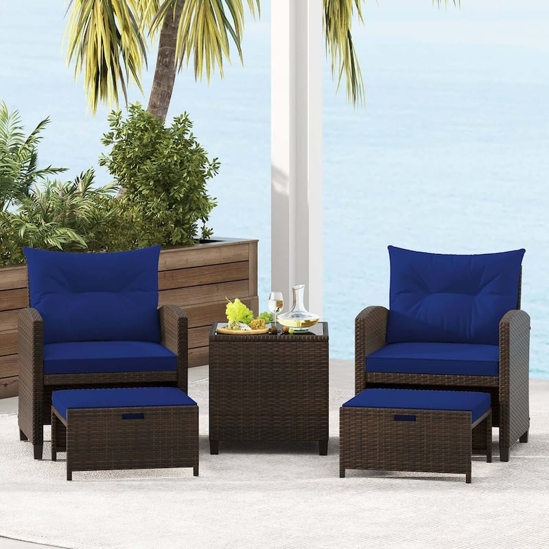 Costway 5 Piece Patio Rattan Furniture with 2 Ottomans & Tempered - See Details