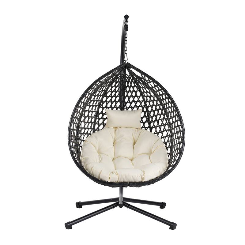 Hollowed-Out Hanging Chair with Adjustable Headrest, Weather-Resistant Rattan Swing Chair with Iron Base